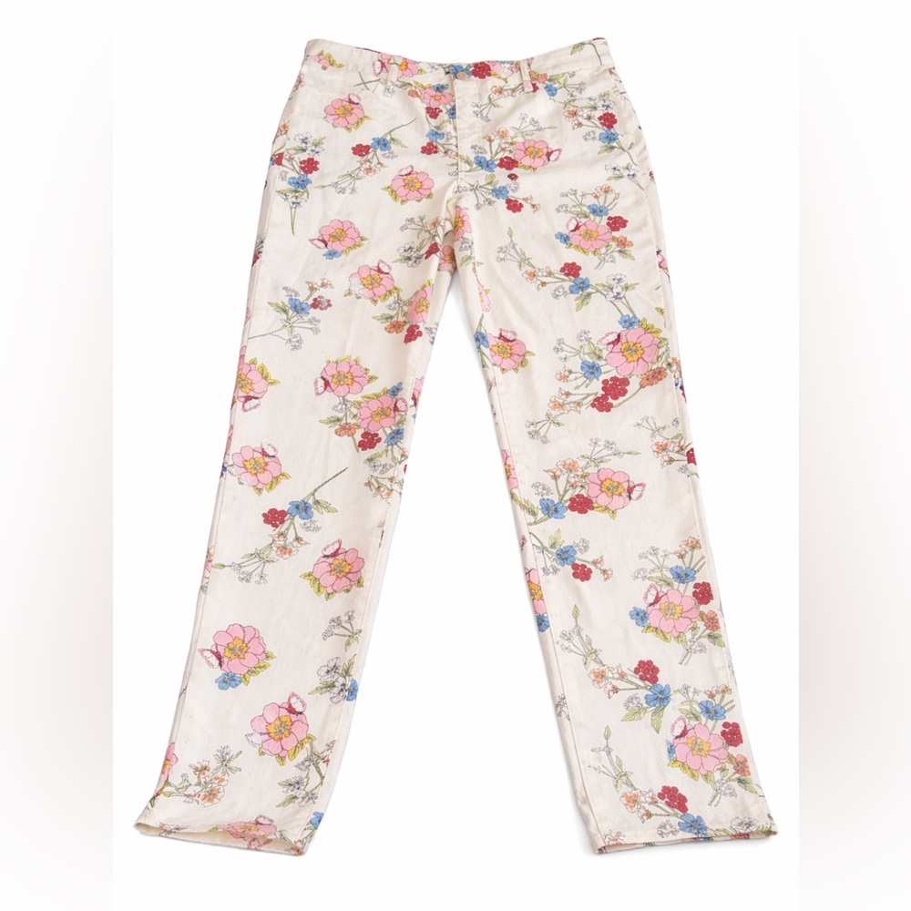 Talbots Floral Slim Ankle Jeans Cream Multicolor Stretch Size 12 Like New
